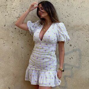 Zara Draped Checkered Mini Dress White Green Purple Size Small